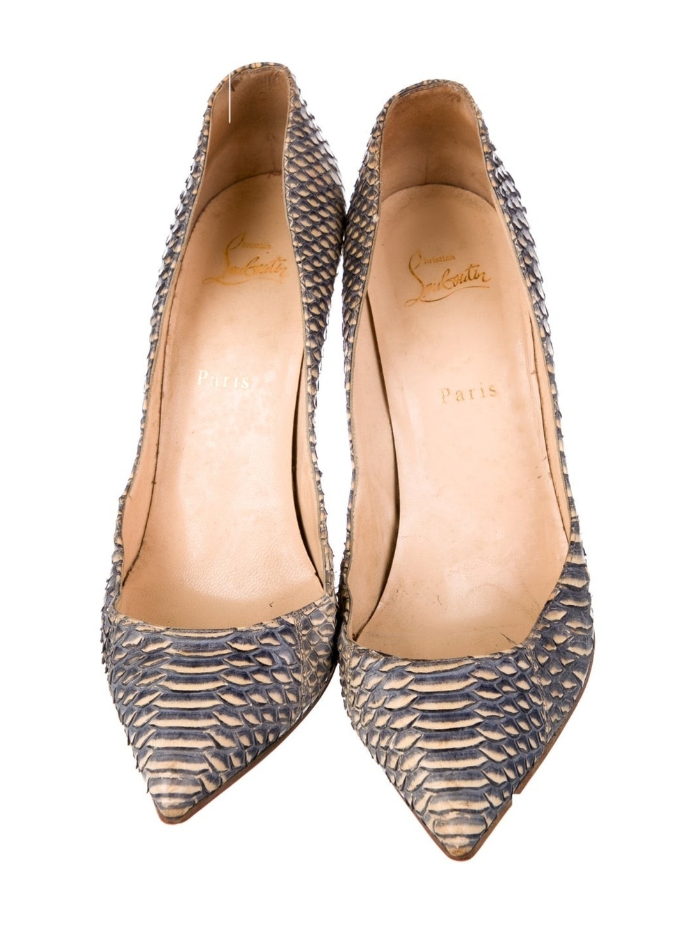 Christian Louboutin Textured Snake-Embossed Pointed Pumps in Blue and Cream